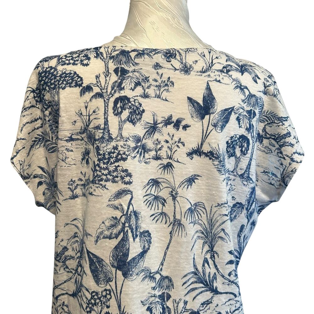 Blue White Linen Tropical Toile Print Cap Sleeve Top Coastal Grandmother S - Picture 7 of 13